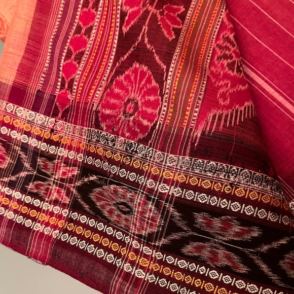 Fabindia style Ikat handwoven 100% cotton stunning saree salmon 🍣 & burgundy NEW - Picture 3 of 15